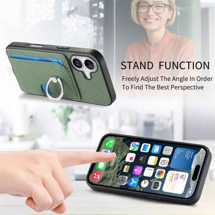 For iPhone 17 Carbon Fiber Ring Side Insert Card Bag MagSafe Phone Case(Green)