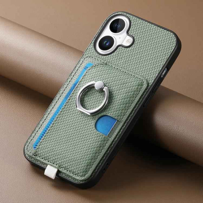 For iPhone 17 Carbon Fiber Ring Side Insert Card Bag MagSafe Phone Case(Green)