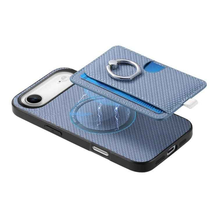 For iPhone Air Carbon Fiber Ring Side Insert Card Bag MagSafe Phone Case(Blue)