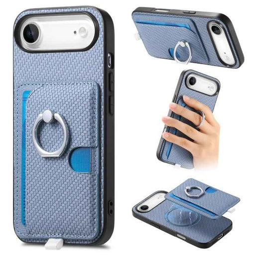For iPhone Air Carbon Fiber Ring Side Insert Card Bag MagSafe Phone Case(Blue)