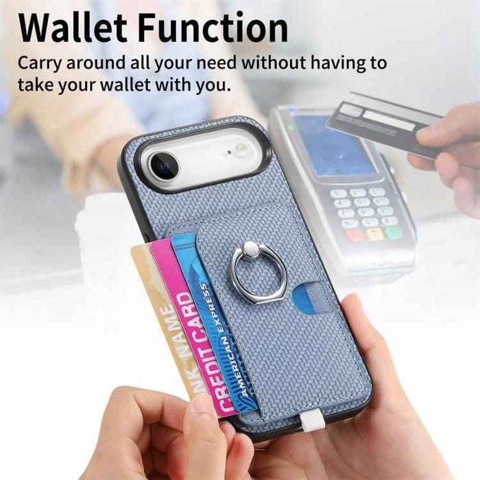 For iPhone Air Carbon Fiber Ring Side Insert Card Bag MagSafe Phone Case(Blue)