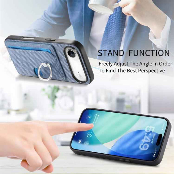 For iPhone Air Carbon Fiber Ring Side Insert Card Bag MagSafe Phone Case(Blue)