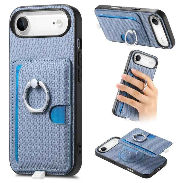 For iPhone Air Carbon Fiber Ring Side Insert Card Bag MagSafe Phone Case(Blue)