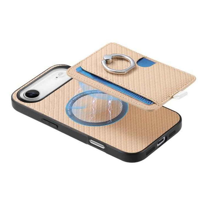 For iPhone Air Carbon Fiber Ring Side Insert Card Bag MagSafe Phone Case(Khaki)