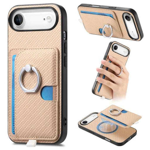 For iPhone Air Carbon Fiber Ring Side Insert Card Bag MagSafe Phone Case(Khaki)