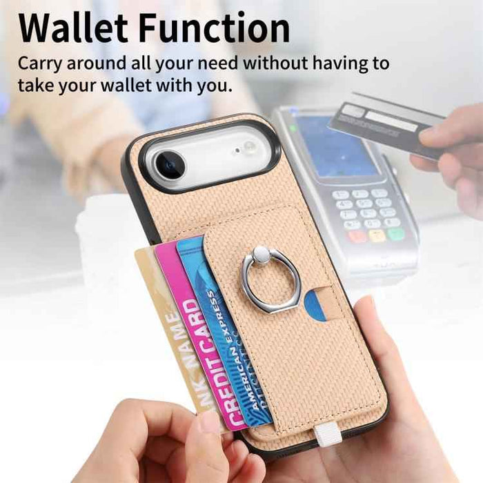 For iPhone Air Carbon Fiber Ring Side Insert Card Bag MagSafe Phone Case(Khaki)