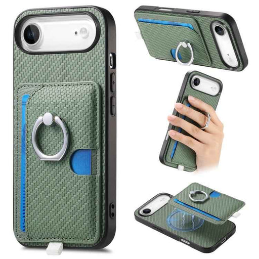 For iPhone Air Carbon Fiber Ring Side Insert Card Bag MagSafe Phone Case(Green)