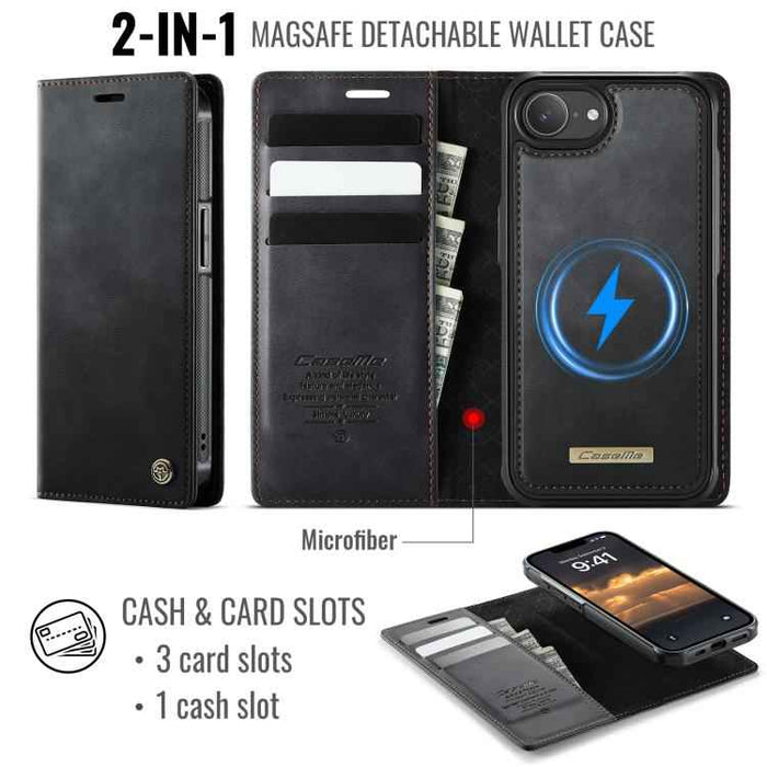 For iPhone 16e CaseMe C49 MagSafe RFID Blocking Detachable Wallet Leather Phone Case(Black)