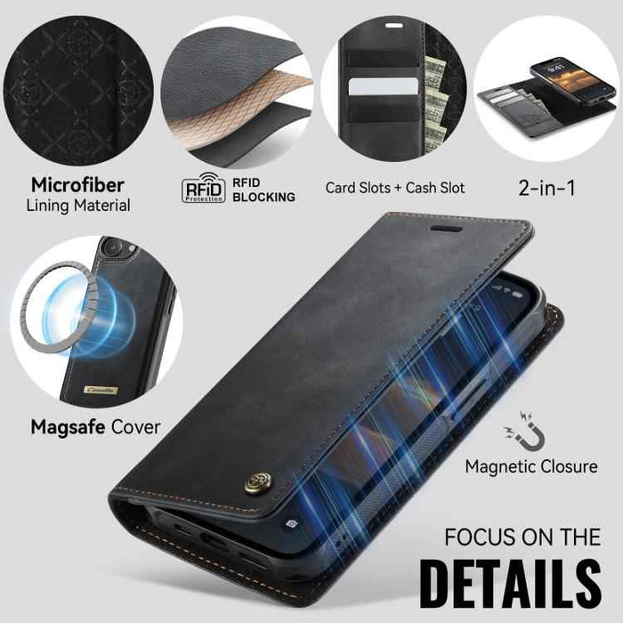 For iPhone 16e CaseMe C49 MagSafe RFID Blocking Detachable Wallet Leather Phone Case(Black)