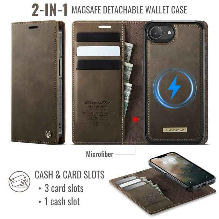 For iPhone 16e CaseMe C49 MagSafe RFID Blocking Detachable Wallet Leather Phone Case(Coffee)