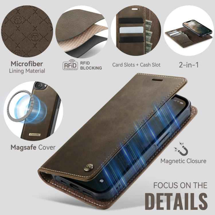 For iPhone 16e CaseMe C49 MagSafe RFID Blocking Detachable Wallet Leather Phone Case(Coffee)