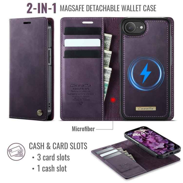 For iPhone 16e CaseMe C49 MagSafe RFID Blocking Detachable Wallet Leather Phone Case(Purple)