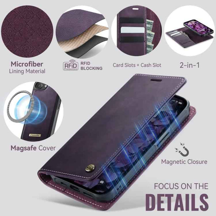 For iPhone 16e CaseMe C49 MagSafe RFID Blocking Detachable Wallet Leather Phone Case(Purple)