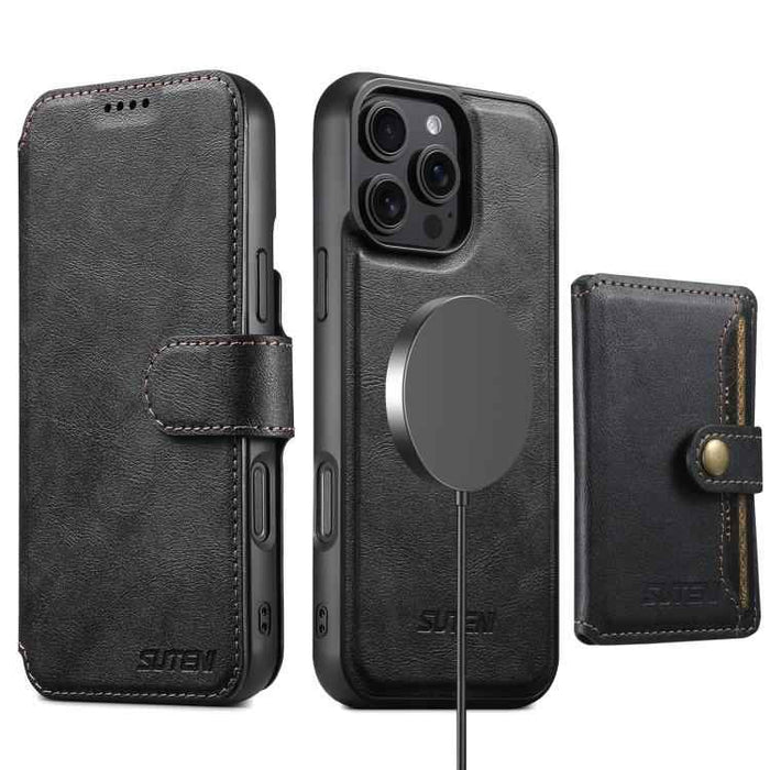 For iPhone 14 Pro Max Suteni Q05S1 3-in-1 Detachable Wallet MagSafe Leather Phone Case(Black)