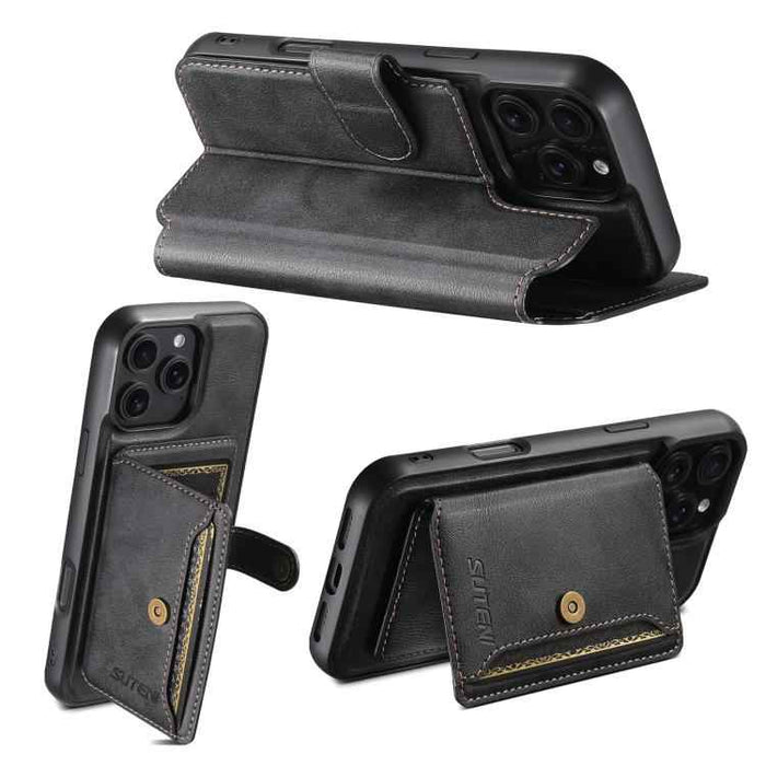 For iPhone 14 Pro Max Suteni Q05S1 3-in-1 Detachable Wallet MagSafe Leather Phone Case(Black)