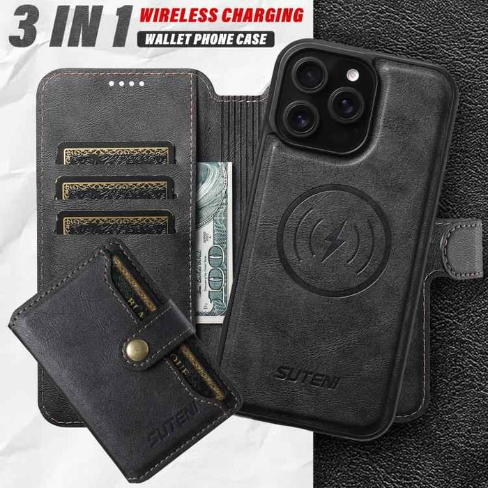For iPhone 14 Pro Max Suteni Q05S1 3-in-1 Detachable Wallet MagSafe Leather Phone Case(Black)