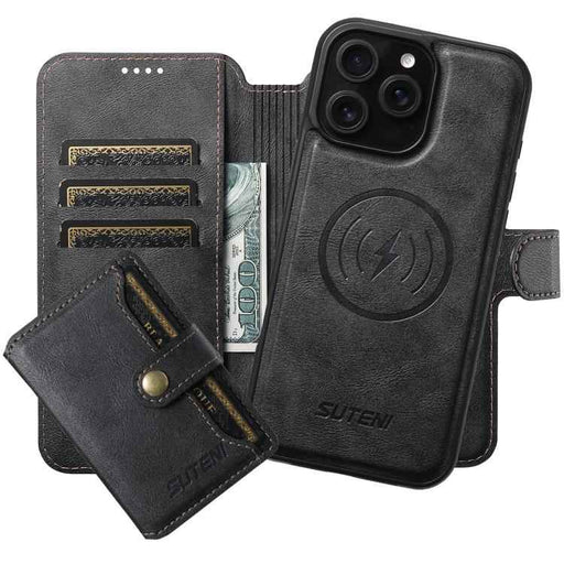 For iPhone 14 Pro Max Suteni Q05S1 3-in-1 Detachable Wallet MagSafe Leather Phone Case(Black)