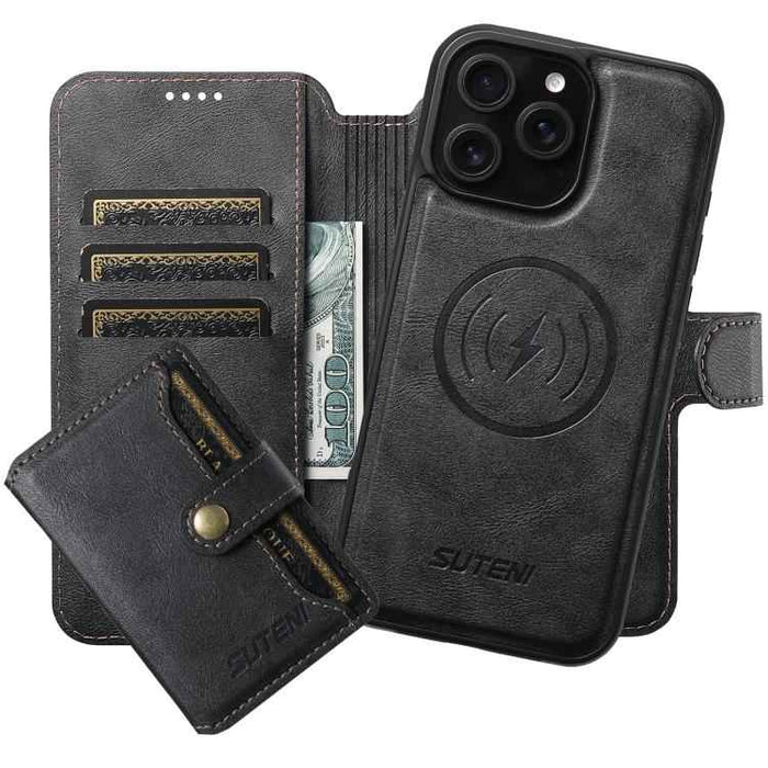 For iPhone 14 Pro Max Suteni Q05S1 3-in-1 Detachable Wallet MagSafe Leather Phone Case(Black)