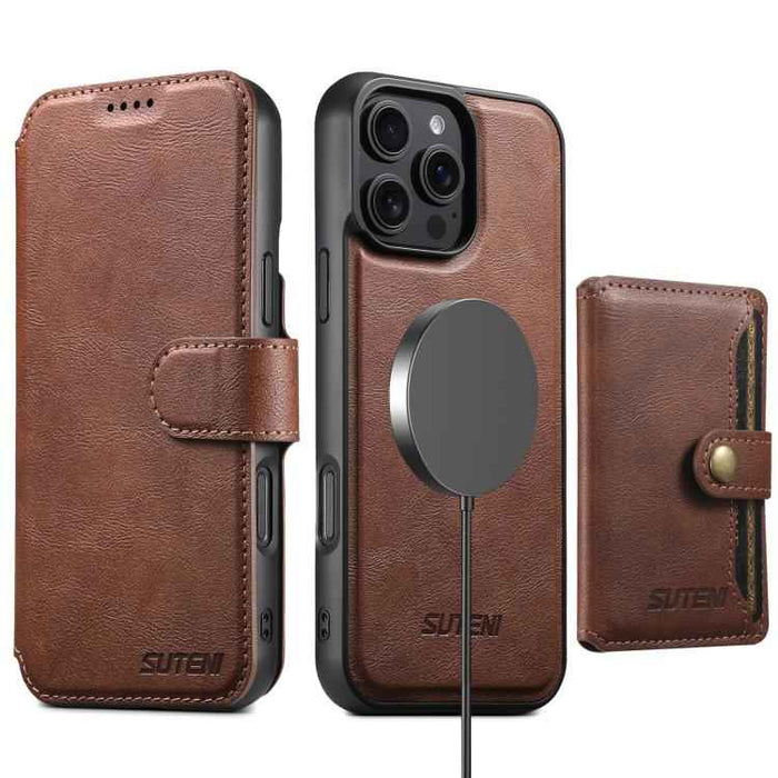 For iPhone 14 Pro Max Suteni Q05S1 3-in-1 Detachable Wallet MagSafe Leather Phone Case(Brown)