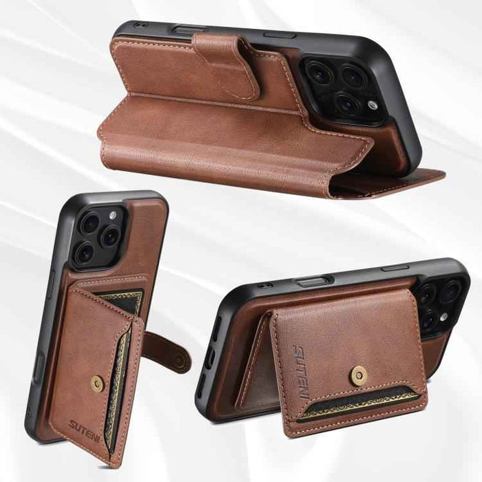For iPhone 14 Pro Max Suteni Q05S1 3-in-1 Detachable Wallet MagSafe Leather Phone Case(Brown)