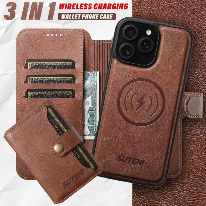 For iPhone 14 Pro Max Suteni Q05S1 3-in-1 Detachable Wallet MagSafe Leather Phone Case(Brown)