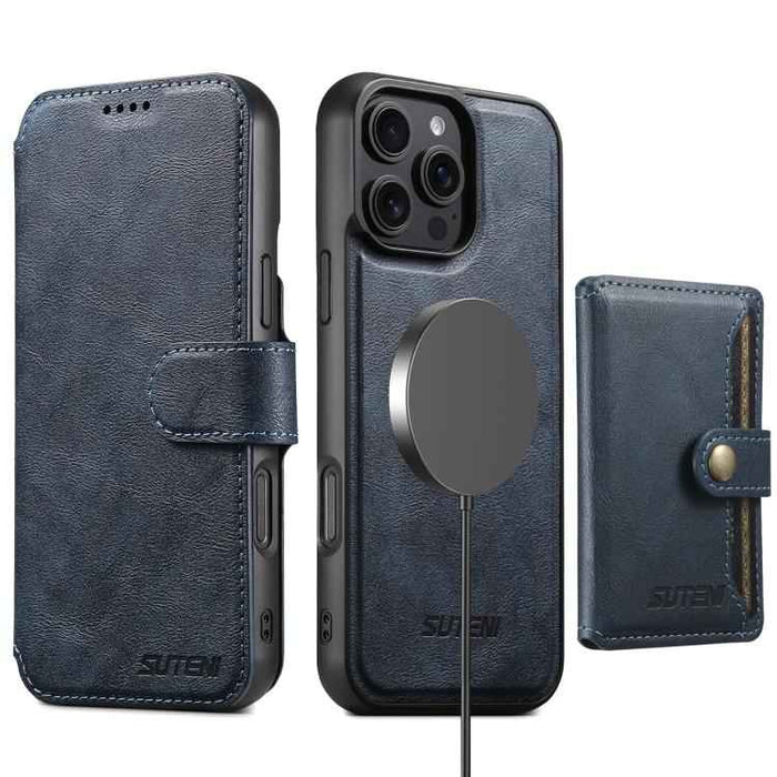 For iPhone 14 Pro Max Suteni Q05S1 3-in-1 Detachable Wallet MagSafe Leather Phone Case(Blue)