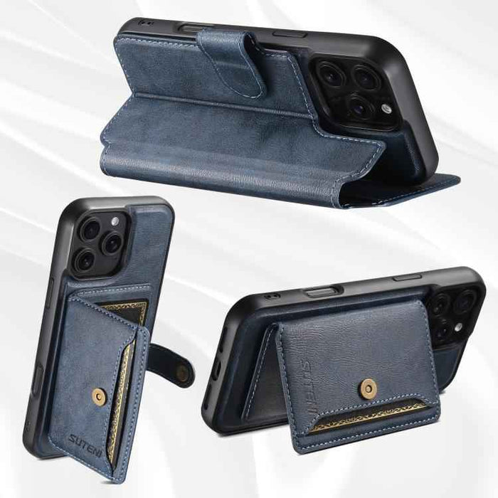 For iPhone 14 Pro Max Suteni Q05S1 3-in-1 Detachable Wallet MagSafe Leather Phone Case(Blue)