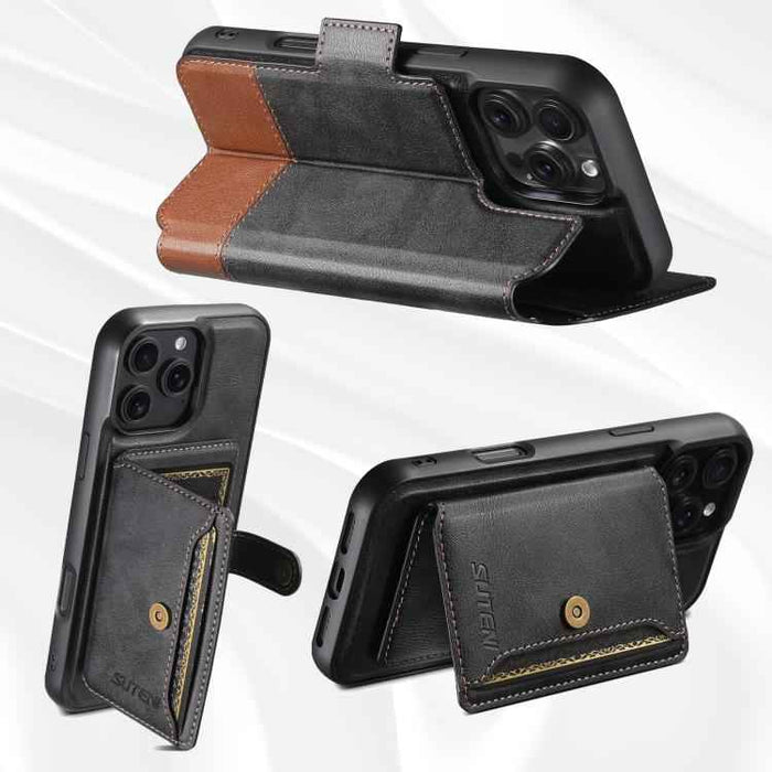 For iPhone 14 Pro Max Suteni Q06S1 3-in-1 Splicing Detachable Wallet MagSafe Leather Phone Case(Black)