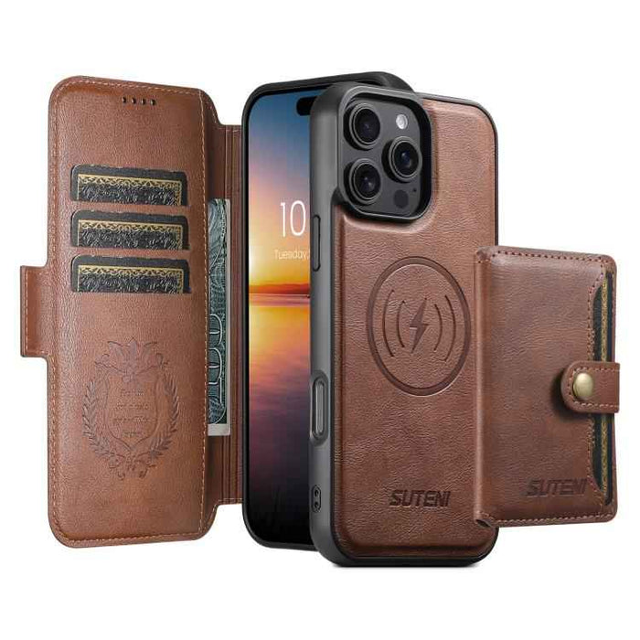 For iPhone 14 Pro Max Suteni Q06S1 3-in-1 Splicing Detachable Wallet MagSafe Leather Phone Case(Brown)