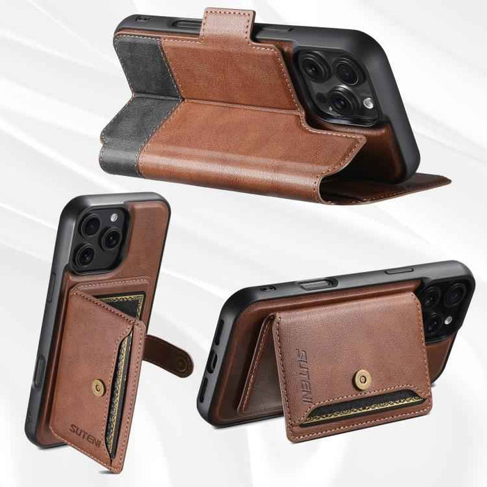 For iPhone 14 Pro Max Suteni Q06S1 3-in-1 Splicing Detachable Wallet MagSafe Leather Phone Case(Brown)