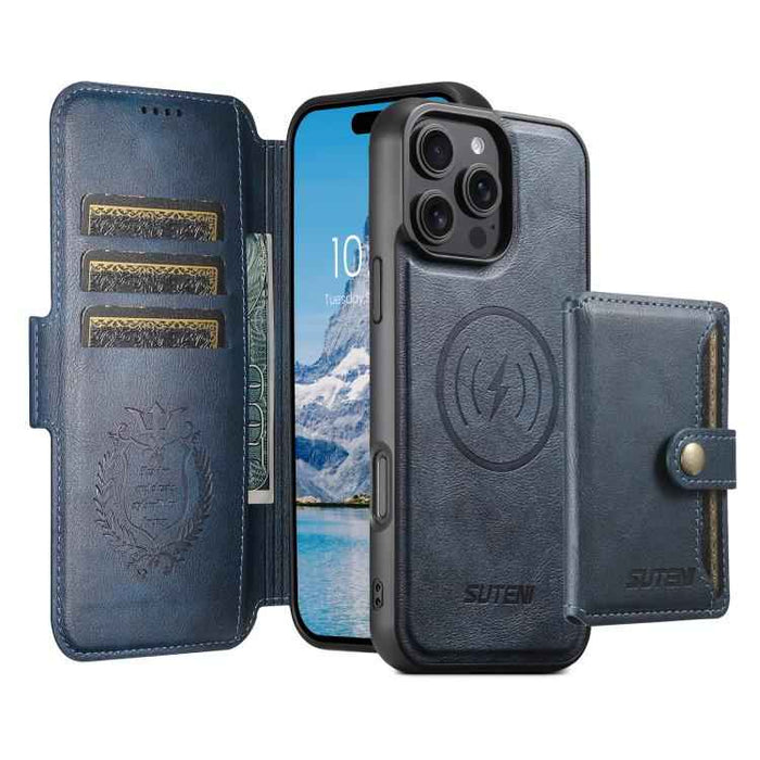 For iPhone 14 Pro Max Suteni Q06S1 3-in-1 Splicing Detachable Wallet MagSafe Leather Phone Case(Blue)