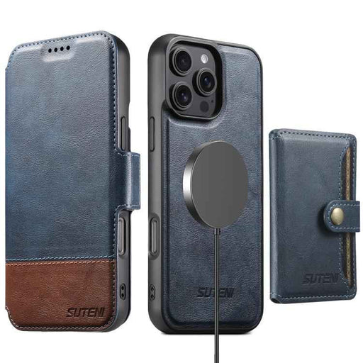 For iPhone 14 Pro Max Suteni Q06S1 3-in-1 Splicing Detachable Wallet MagSafe Leather Phone Case(Blue)