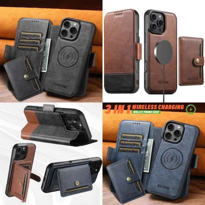 For iPhone 14 Pro Max Suteni Q06S1 3-in-1 Splicing Detachable Wallet MagSafe Leather Phone Case(Blue)