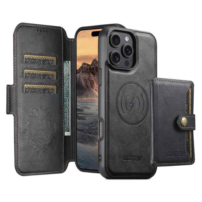 For iPhone 15 Suteni Q07S1 3-in-1 Detachable Wallet MagSafe Splicing Leather Phone Case(Black)