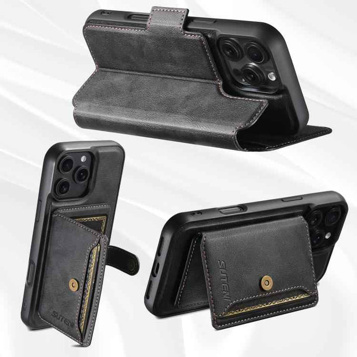 For iPhone 15 Suteni Q07S1 3-in-1 Detachable Wallet MagSafe Splicing Leather Phone Case(Black)