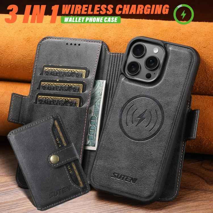 For iPhone 15 Suteni Q07S1 3-in-1 Detachable Wallet MagSafe Splicing Leather Phone Case(Black)