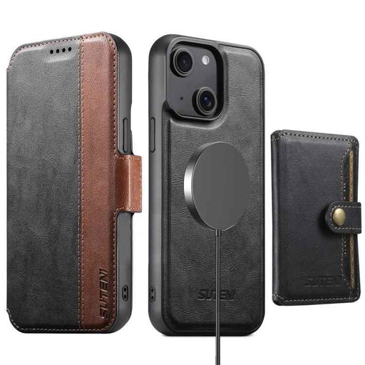 For iPhone 15 Suteni Q07S1 3-in-1 Detachable Wallet MagSafe Splicing Leather Phone Case(Black)