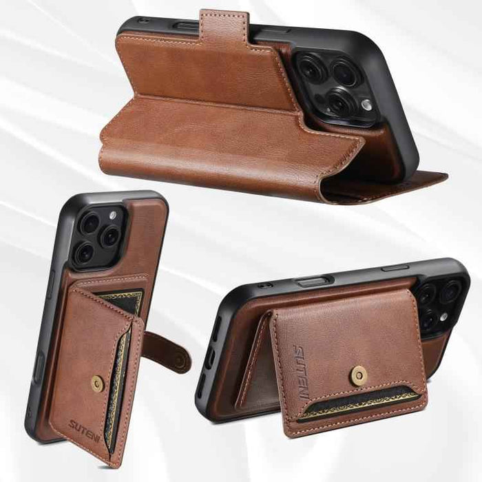 For iPhone 14 Pro Max Suteni Q07S1 3-in-1 Detachable Wallet MagSafe Splicing Leather Phone Case(Brown)