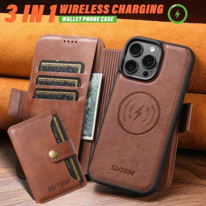 For iPhone 14 Pro Max Suteni Q07S1 3-in-1 Detachable Wallet MagSafe Splicing Leather Phone Case(Brown)