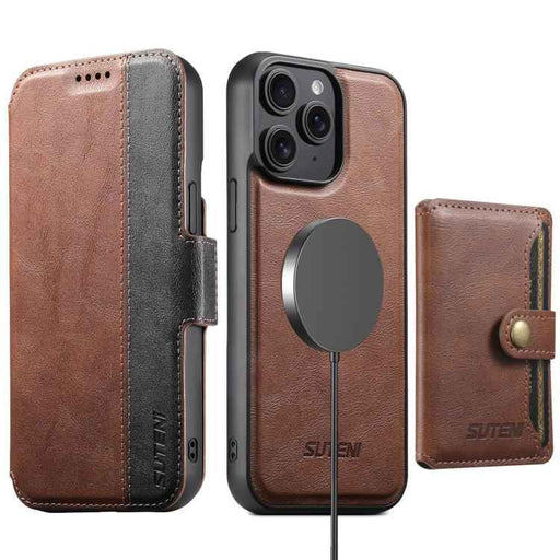 For iPhone 14 Pro Max Suteni Q07S1 3-in-1 Detachable Wallet MagSafe Splicing Leather Phone Case(Brown)