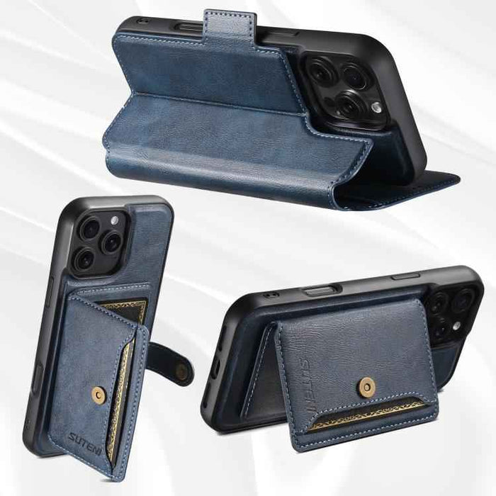 For iPhone 14 Pro Max Suteni Q07S1 3-in-1 Detachable Wallet MagSafe Splicing Leather Phone Case(Blue)