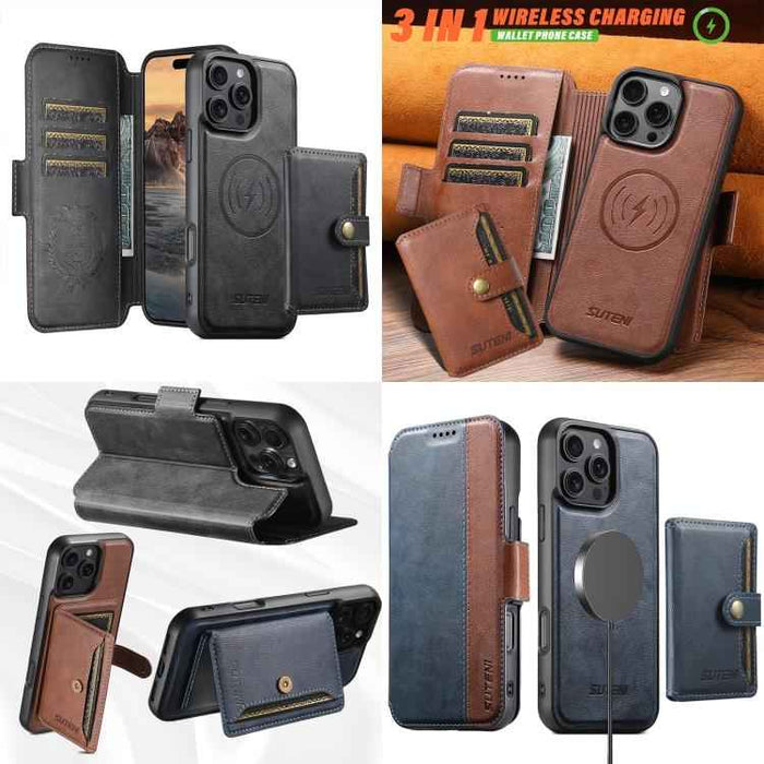 For iPhone 15 Suteni Q07S1 3-in-1 Detachable Wallet MagSafe Splicing Leather Phone Case(Black)