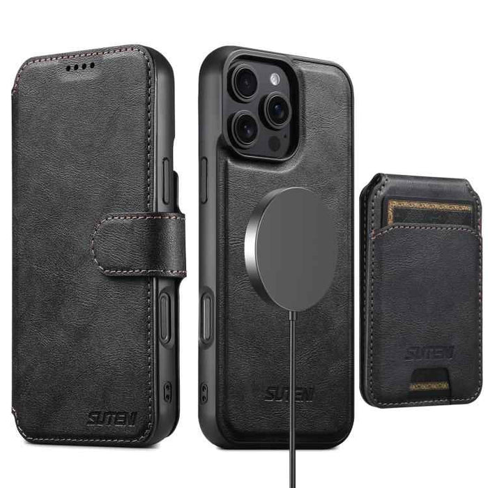 For iPhone 15 Suteni Q05S2 3-in-1 Detachable Vertical Flip Wallet MagSafe Leather Phone Case(Black)
