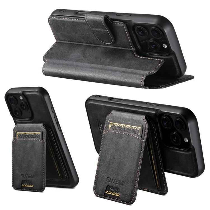 For iPhone 15 Suteni Q05S2 3-in-1 Detachable Vertical Flip Wallet MagSafe Leather Phone Case(Black)