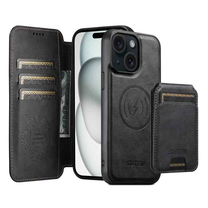 For iPhone 15 Suteni Q05S2 3-in-1 Detachable Vertical Flip Wallet MagSafe Leather Phone Case(Black)