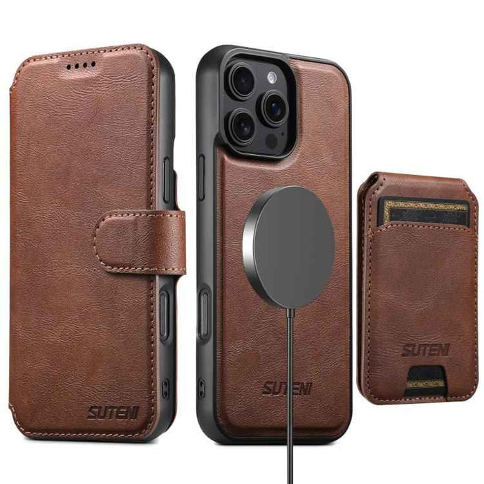 For iPhone 15 Suteni Q05S2 3-in-1 Detachable Vertical Flip Wallet MagSafe Leather Phone Case(Brown)