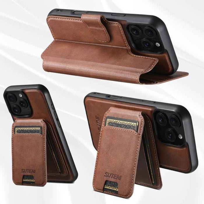 For iPhone 15 Suteni Q05S2 3-in-1 Detachable Vertical Flip Wallet MagSafe Leather Phone Case(Brown)