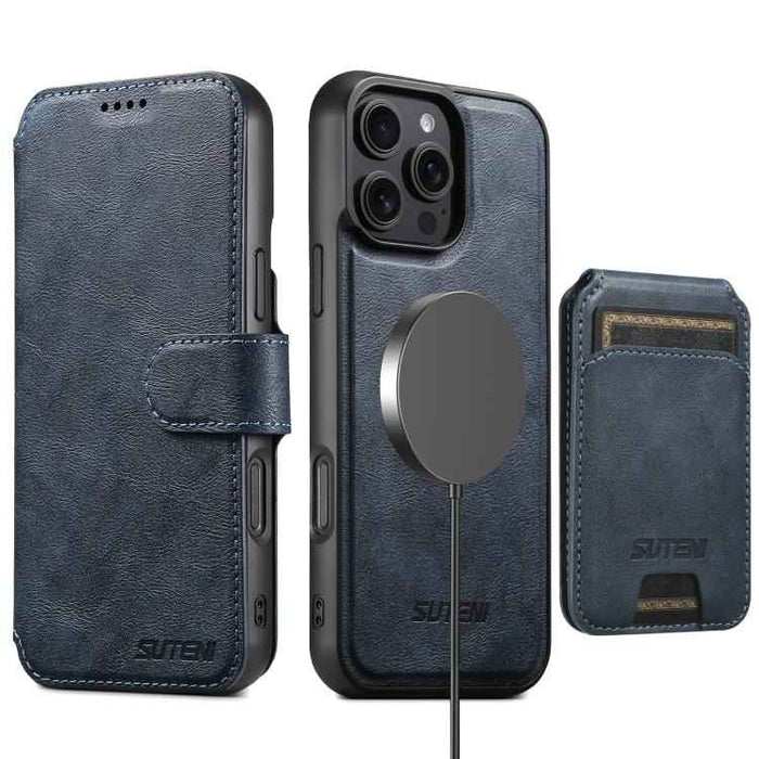 For iPhone 15 Suteni Q05S2 3-in-1 Detachable Vertical Flip Wallet MagSafe Leather Phone Case(Blue)