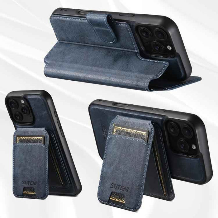 For iPhone 15 Suteni Q05S2 3-in-1 Detachable Vertical Flip Wallet MagSafe Leather Phone Case(Blue)