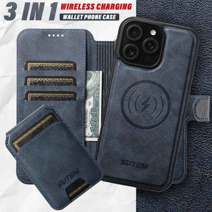 For iPhone 15 Suteni Q05S2 3-in-1 Detachable Vertical Flip Wallet MagSafe Leather Phone Case(Blue)